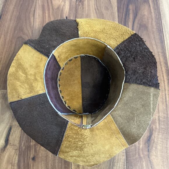 Vintage Suede Leather Patchwork Hat Hippie Western Boho 1970s Cowgirl Floppy
